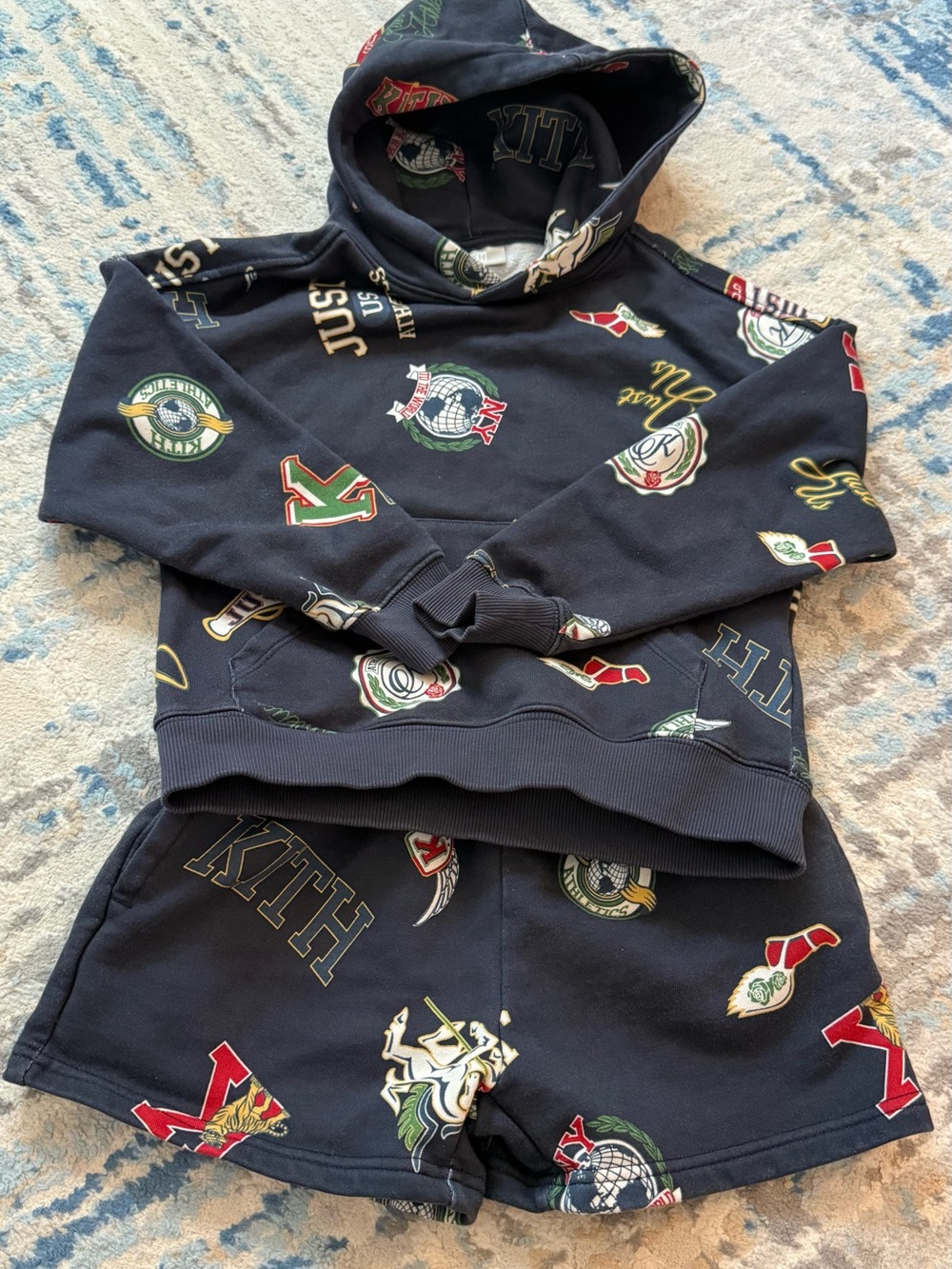 Kith Navy All-Over Crest & Logo Hoodie and Shorts Set